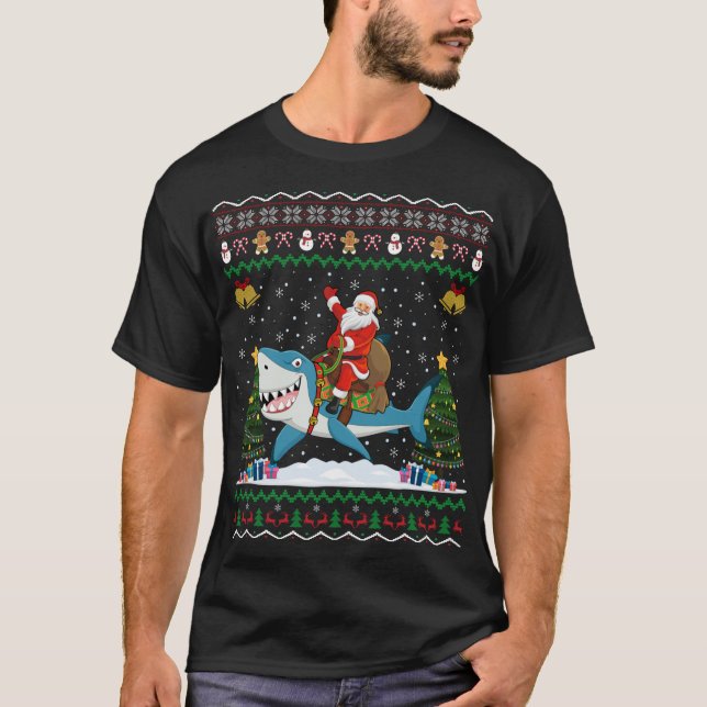 Camiseta Navidades de tiburones que viajan en bicicleta con (Anverso)