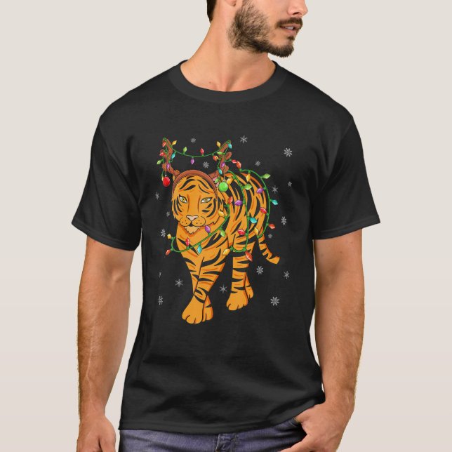 Camiseta Navidades de tigres Gorras de renos encendidos en  (Anverso)