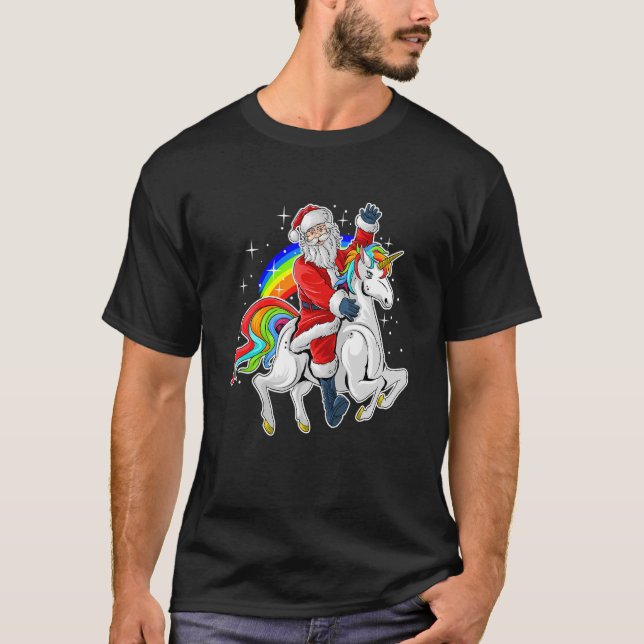 Camiseta Navidades del arcoiris de Santa Riding Unicornio (Anverso)
