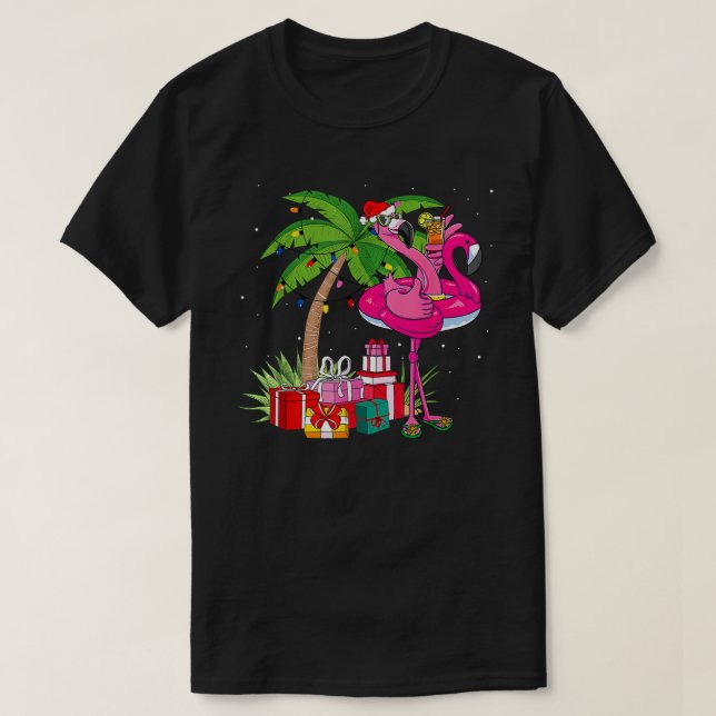 Camiseta Navidades Del Flamingo Rosado Tropical En El Veran (Diseño del anverso)