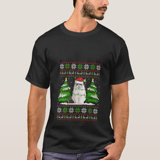 Camiseta Navidades del gato Ragdoll iluminan Navidad y suét (Anverso)