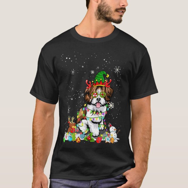 Camiseta Navidades del Gorra del Perro Elf Shih Tzu ilumina (Anverso)