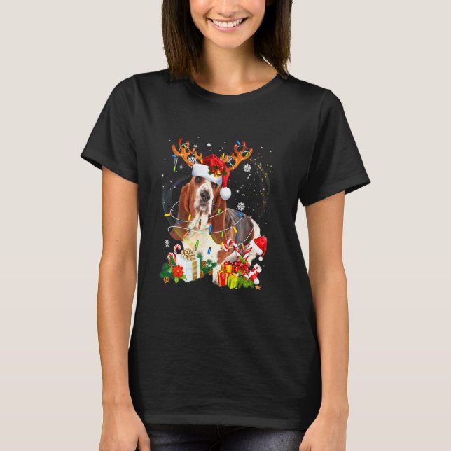 Camiseta Navidades del Hound Basset Reindeer Santa Lights D (Anverso)