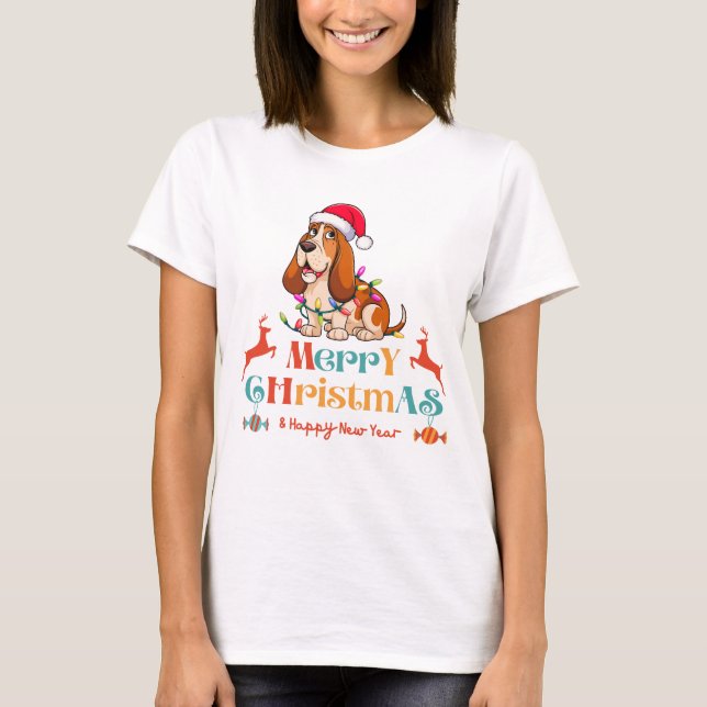 Camiseta Navidades del Hound de Basset iluminan regalos de  (Anverso)