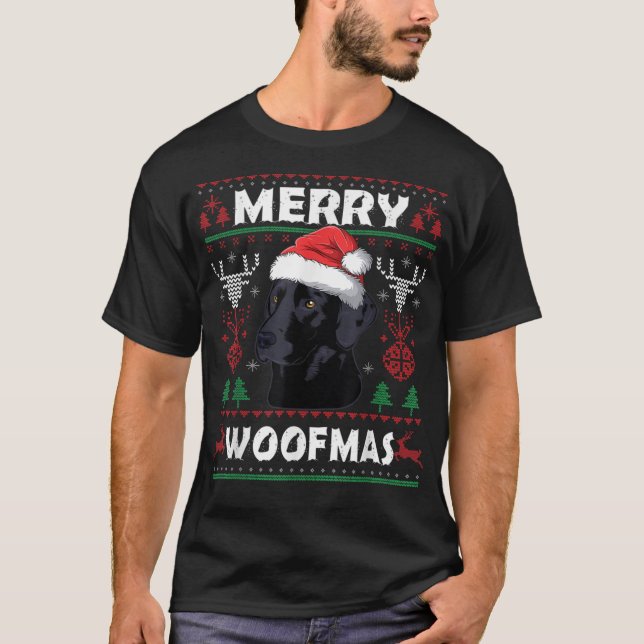 Camiseta Navidades del Laboratorio Negro Merry Woofmas Perr (Anverso)