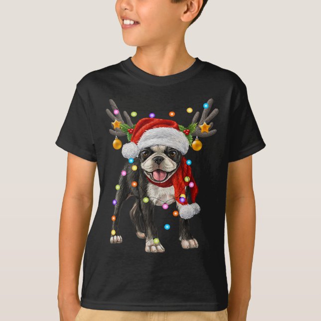 Camiseta Navidades del perro de Boston terrier enciende ama (Anverso)