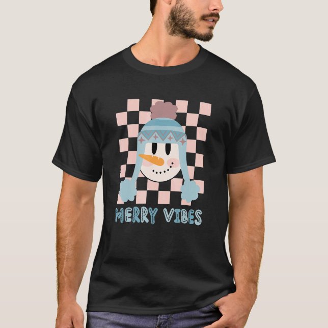 Camiseta Navidades del Retro Merry Vibes Snowman Groovy Hap (Anverso)