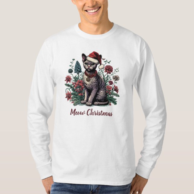Camiseta Navidades Devon Rex Cat: Santa Hat y flores (Anverso)