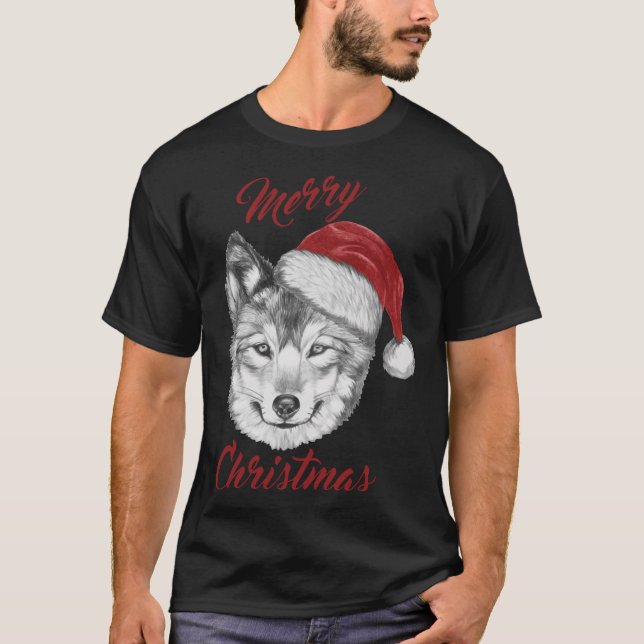 Camiseta Navidades divertidos Wolf con Santa Hat (Anverso)