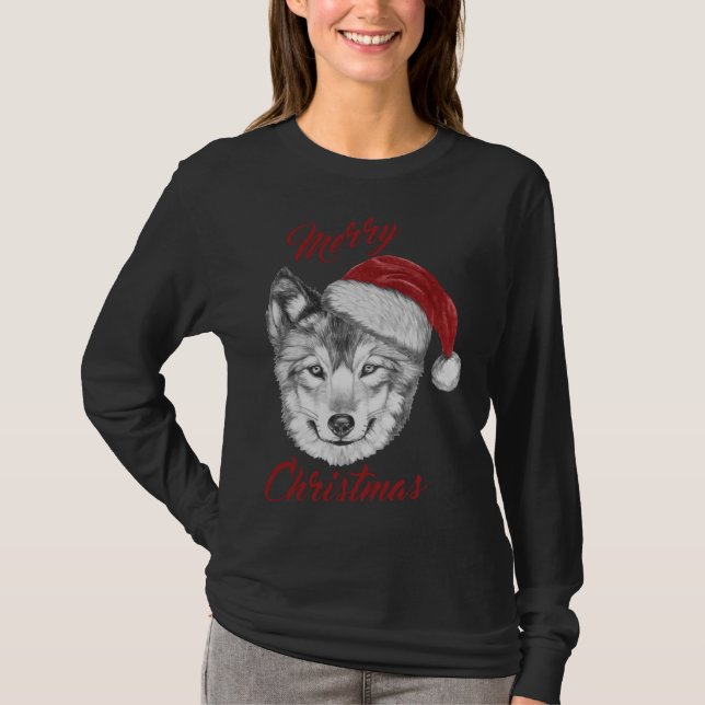 Camiseta Navidades divertidos Wolf con Santa Hat (Anverso)