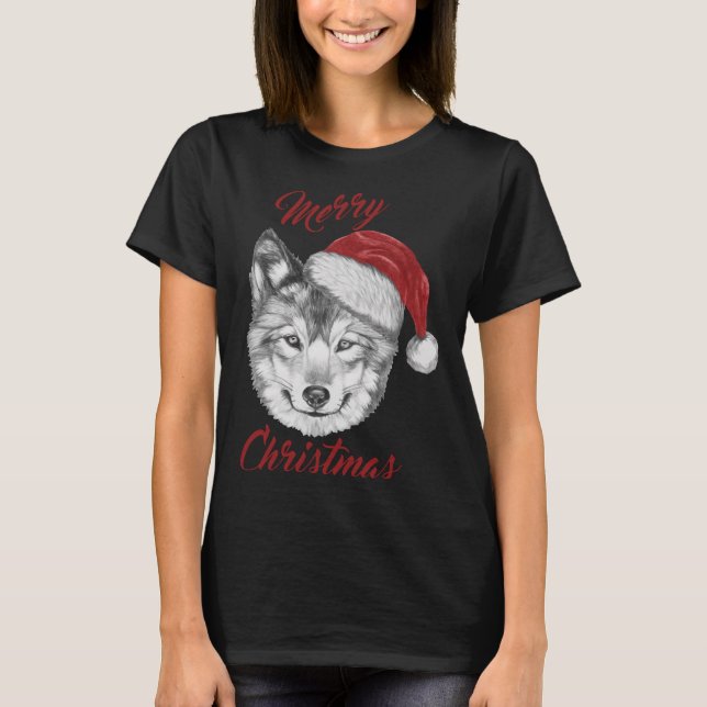 Camiseta Navidades divertidos Wolf con Santa Hat (Anverso)