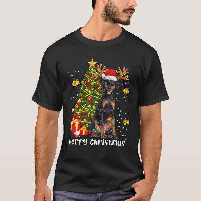 Camiseta Navidades Doberman alumbran árbol Santa Xmas Pajam (Anverso)
