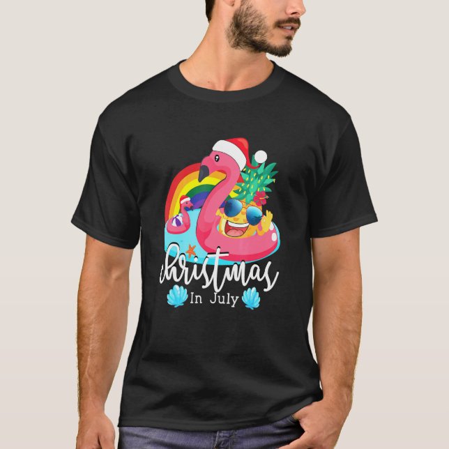 Camiseta Navidades En Julio Del Flamingo Rosa Hawái Summer  (Anverso)