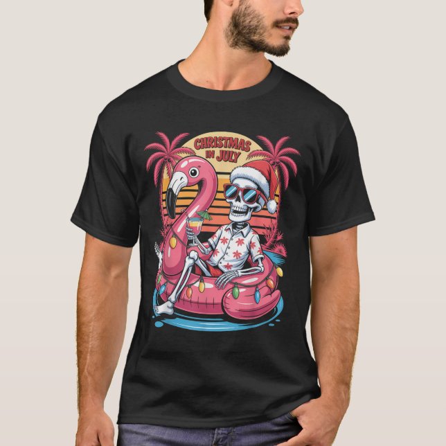 Camiseta Navidades En Julio Skeleton Flamingo Float Summer  (Anverso)