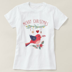 Camiseta Navidades Escandinavos de Aves Rojas y Guirnaldas: