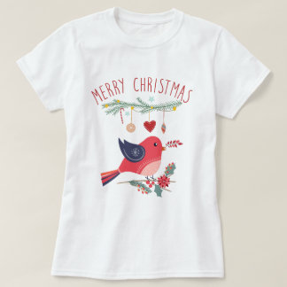 Camiseta Navidades Escandinavos de Aves Rojas y Guirnaldas: