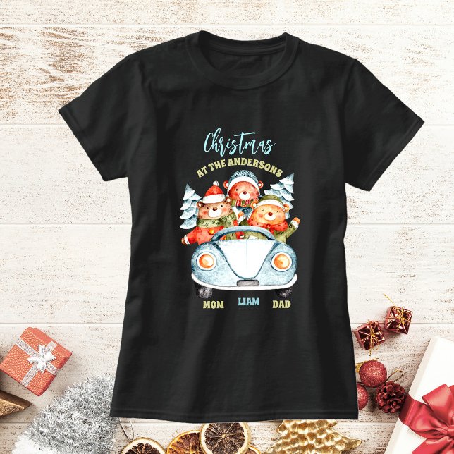 Camiseta Navidades familiares de oso lindo en el auto Nombr (Subido por el creador)