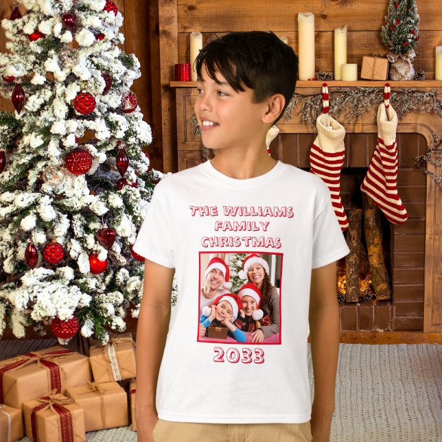 Camiseta Navidades Familiares Nombre Y Foto Hijo Blanco (Boys Christmas T-Shirt)