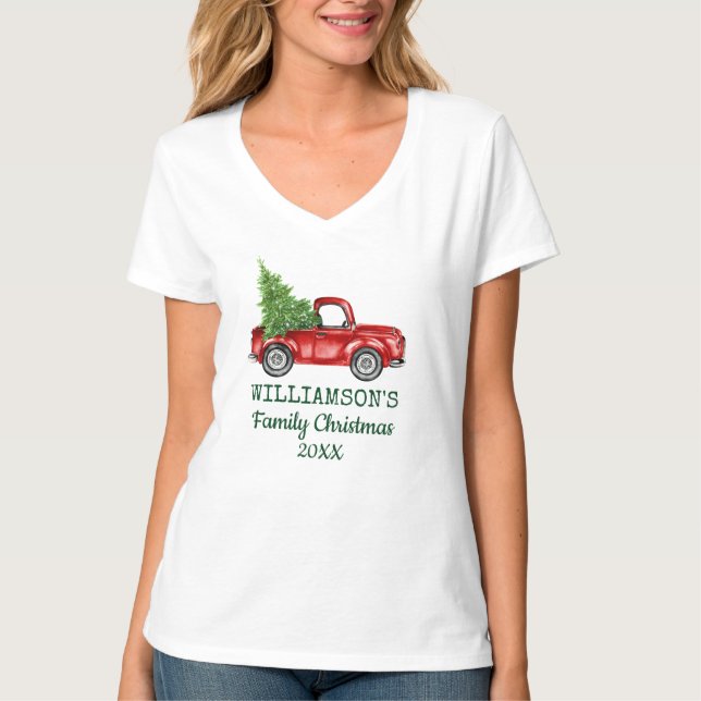 Camiseta Navidades familiares Vintage Red Truck Personaliza (Anverso)