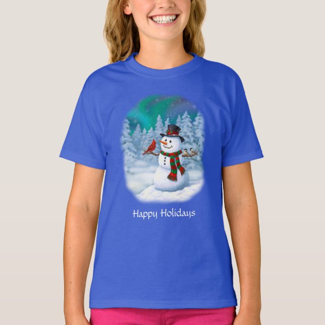 Camiseta Navidades felices Snowman y Birds Winter Scene (Anverso)