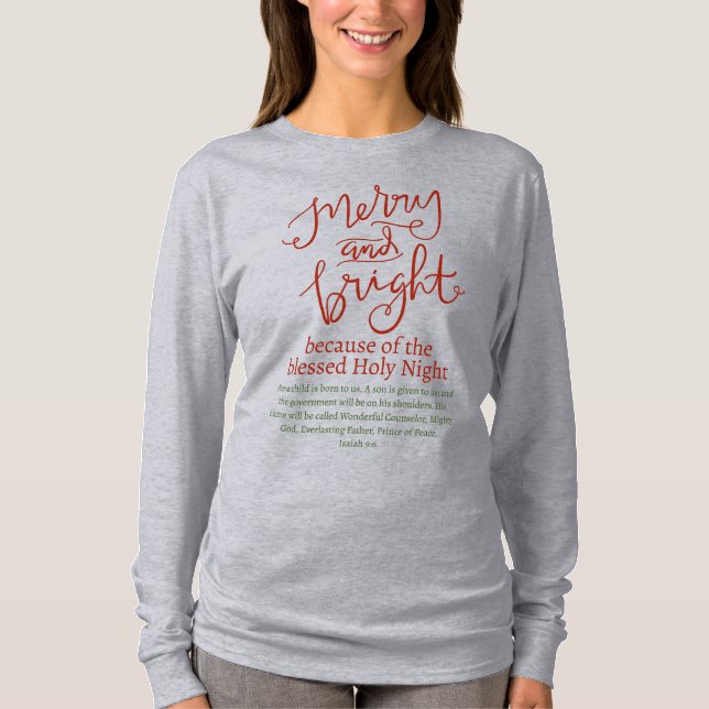 Camiseta Navidades Feliz y brillante gris de luz verde roja (Anverso)