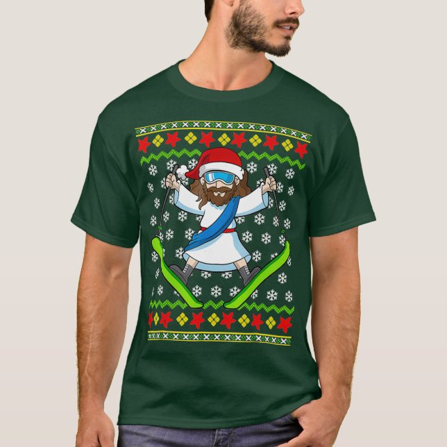 Camiseta Navidades feos sudan niños Jesús esquiando regalo (Anverso)