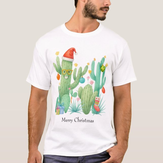 Camiseta Navidades festivos Cactus con Santa Hat y Ornament (Anverso)