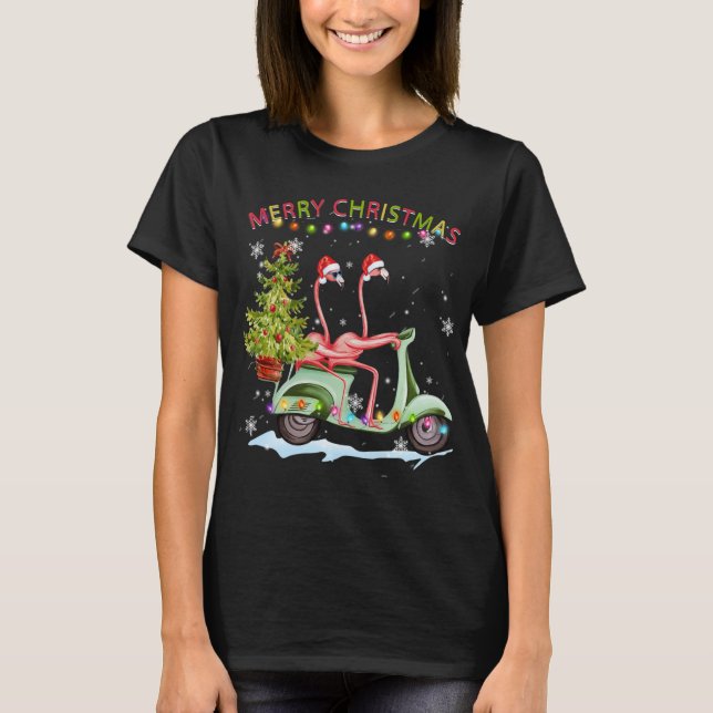Camiseta Navidades Flamingo Motorcycle Xmas Luces Merry Ch (Anverso)