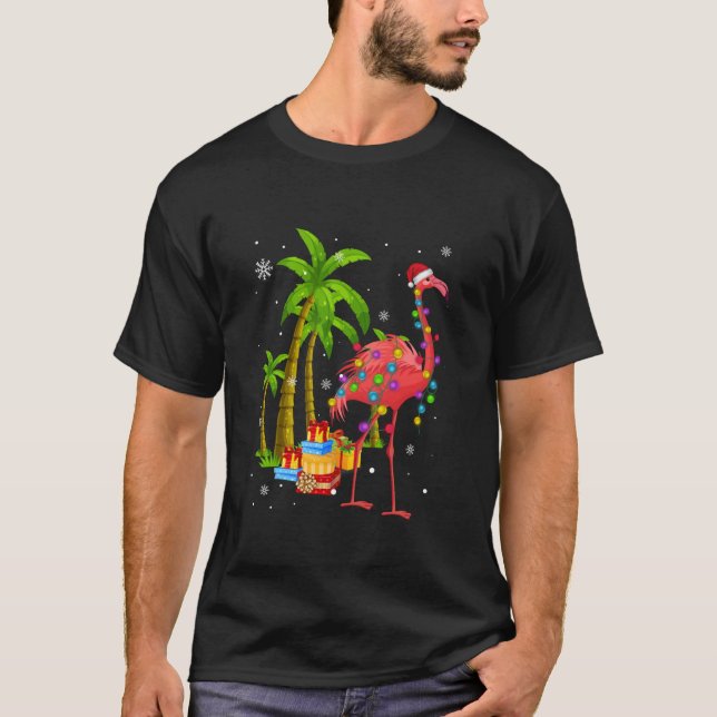 Camiseta Navidades Flamingo Rosado Palm Tree Tropical Xmas  (Anverso)