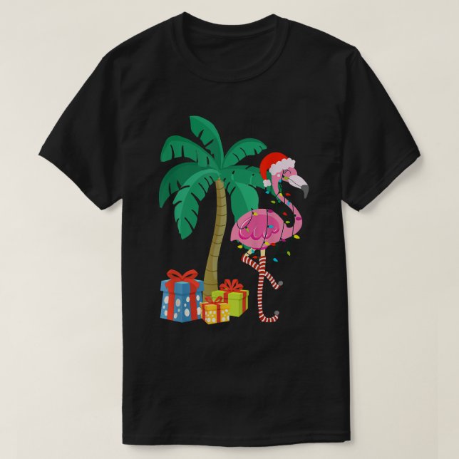 Camiseta Navidades Flamingo Rosado Palm Tree Tropical Xmas  (Diseño del anverso)