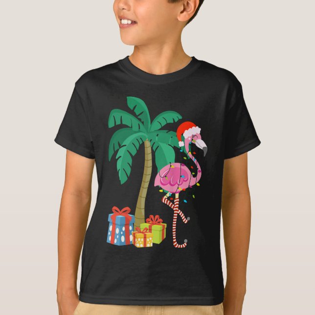 Camiseta Navidades Flamingo Rosado Palm Tree Tropical Xmas  (Anverso)