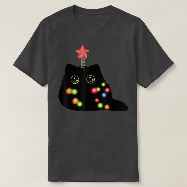 Camiseta Navidades Fluffy Black Cat Santa Hat Xmas Lughts23 (Diseño del anverso)