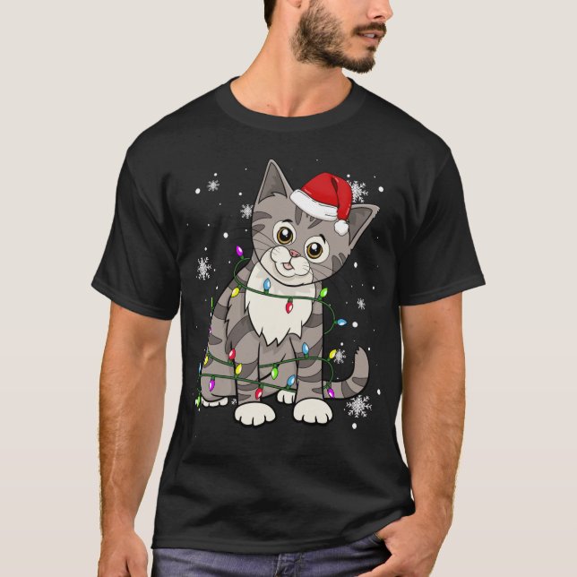 Camiseta Navidades gatos de Tabby alumbran sombrero de gato (Anverso)