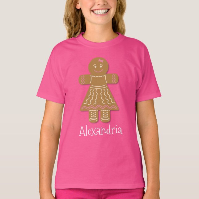Camiseta Navidades Gingerbread Chica Rosa Añadir su Nombre (Anverso)