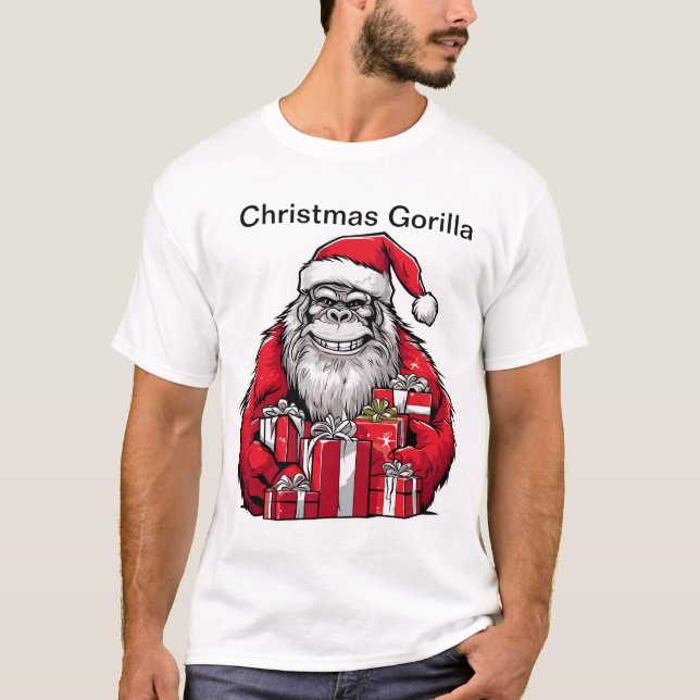 Camiseta Navidades Gorila Usando Sombrero Santa. (Anverso)