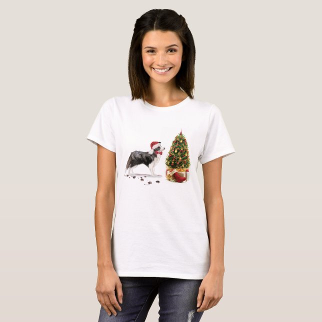 Camiseta Navidades graciosos de Border Collie con árbol (Anverso completo)
