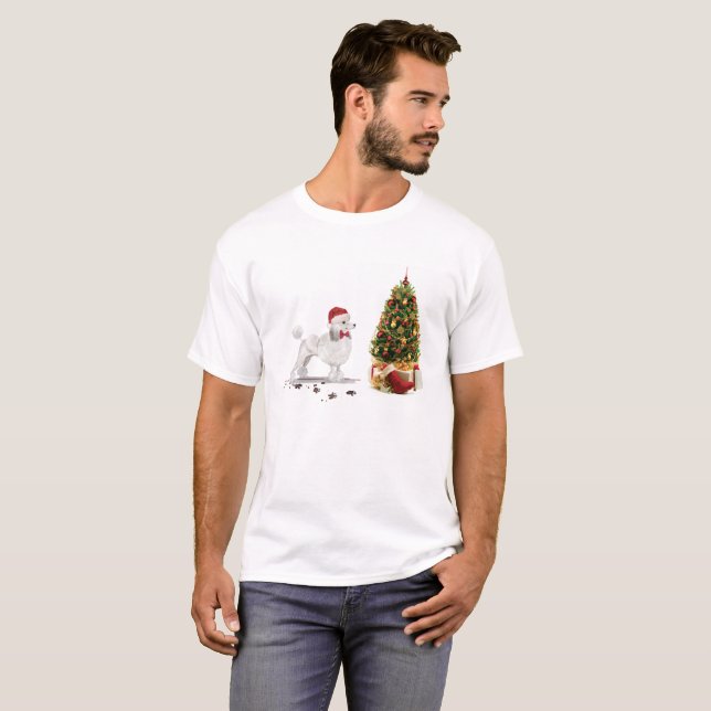 Camiseta Navidades graciosos de White Poodle con árbol (Anverso completo)
