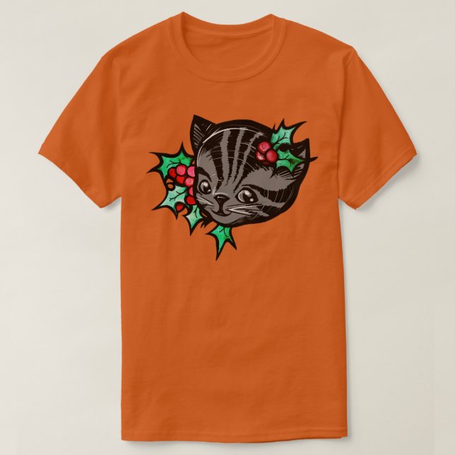 Camiseta Navidades Gris Holly Tiras de tigre Gris Gatito (Diseño del anverso)
