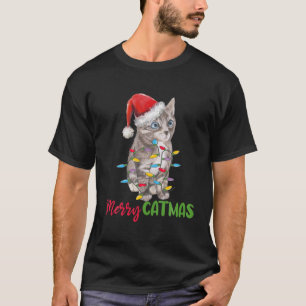 Camiseta Navidades Gris Tabby Gato Feo Luz de árbol de navi