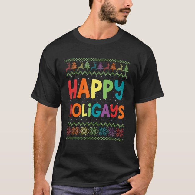 Camiseta Navidades homosexuales divertidos LGBT Feliz arcoi (Anverso)