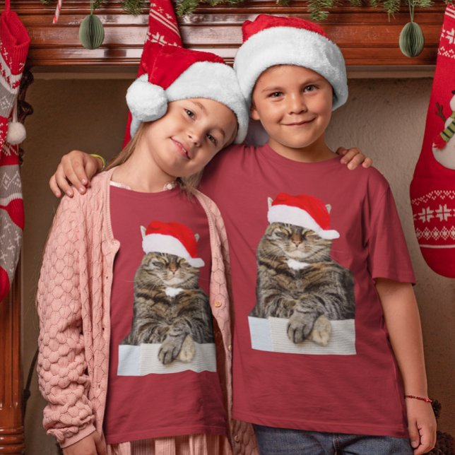 Camiseta Navidades Humbug Foto con Santa Hat (Christmas Cat Humbug Photo & Santa Hat Kids T-Shirt)
