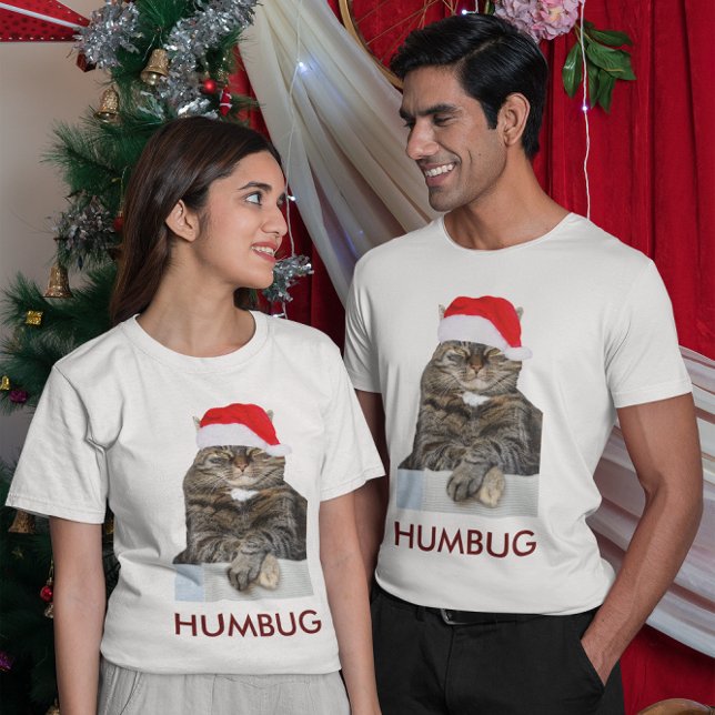 Camiseta Navidades Humbug Foto con Santa Hat Unisex (Christmas Cat Humbug Photo with Santa Hat Unisex T-Shirt )