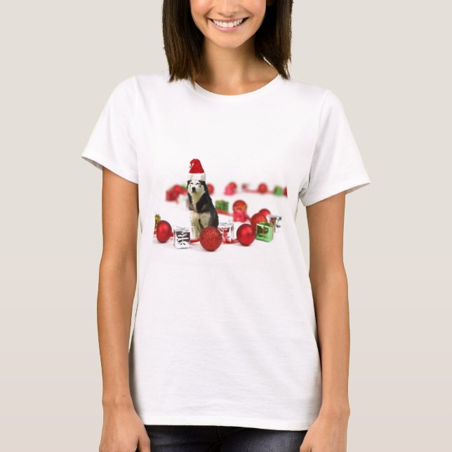 Camiseta Navidades Husky siberianos con una caja de regalo  (Anverso)