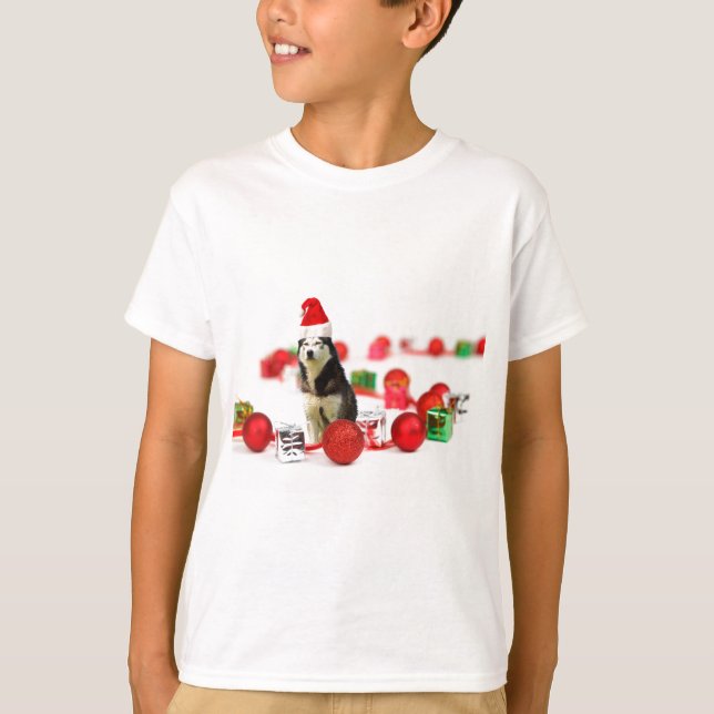 Camiseta Navidades Husky siberianos con una caja de regalo  (Anverso)