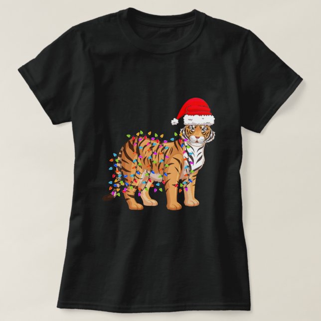 Camiseta Navidades iluminan a tigre usando Gorra de Navidad (Diseño del anverso)