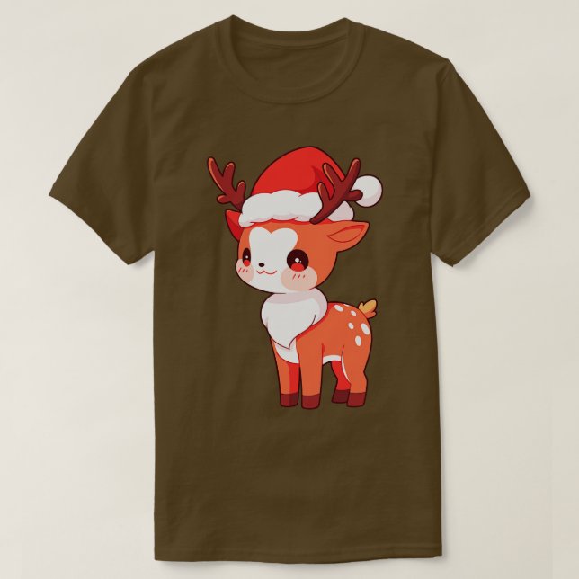 Camiseta Navidades kawaii rindieron reno en Santa Hat (Diseño del anverso)