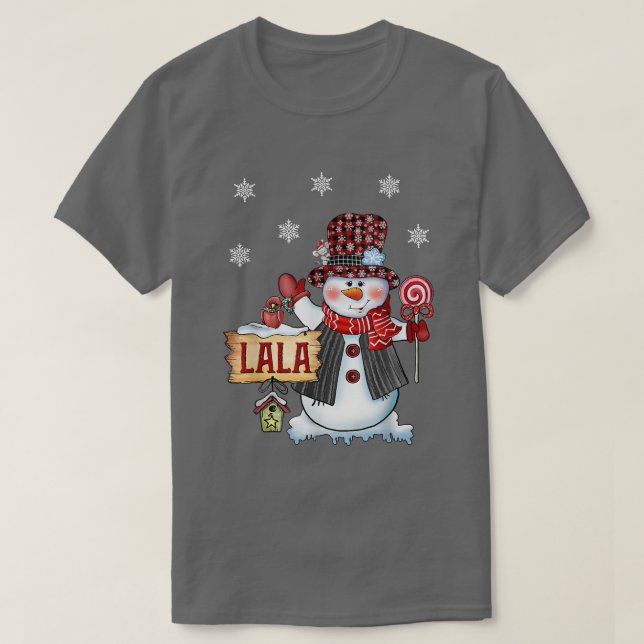 Camiseta Navidades Lala Snowman Candy Cane Red Plaid Santa (Diseño del anverso)