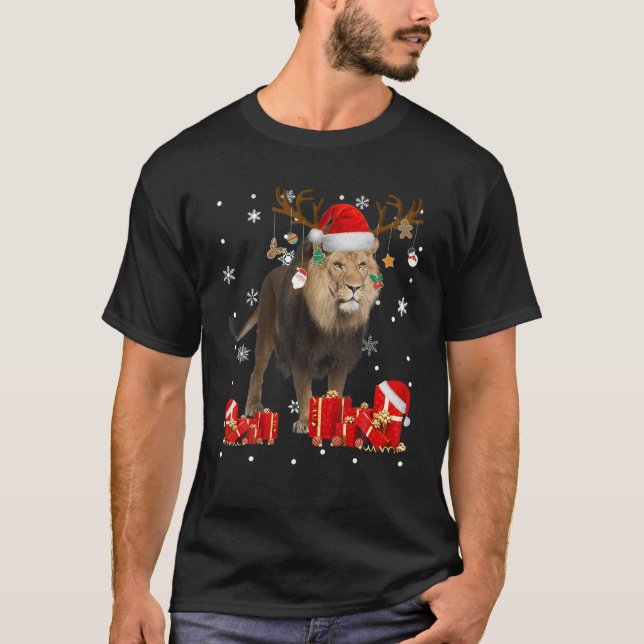 Camiseta Navidades Leon Funny Santa Reindeer Lion Lover Gif (Anverso)