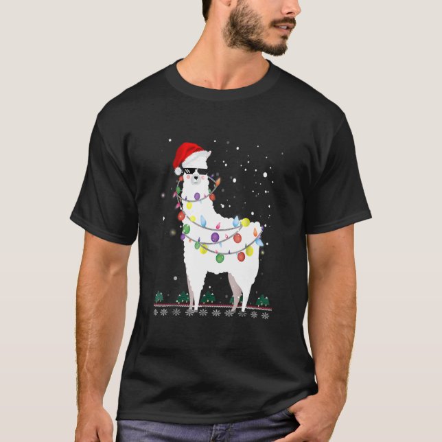 Camiseta Navidades Llama Santa Hat navideño árbol alpaca (Anverso)