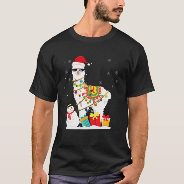 Camiseta Navidades Llama Santa Hat navideño árbol alpaca (Anverso)
